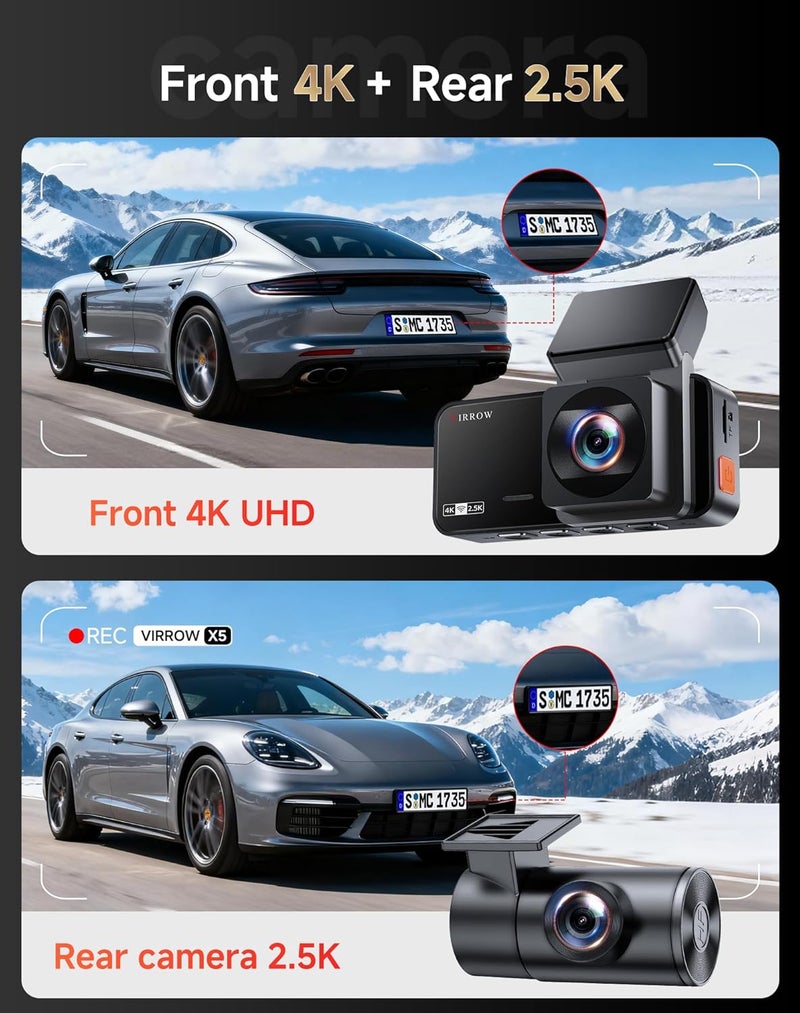virrow Dash Cam Front and Rear: 4K+2.5K Dash Camera for Cars with Touch Screen 3.39" - Dashcam with WiFi APP Control 64GB Parking Mode Night Vision Loop Recording Emergency Lock (X5) - Image 2